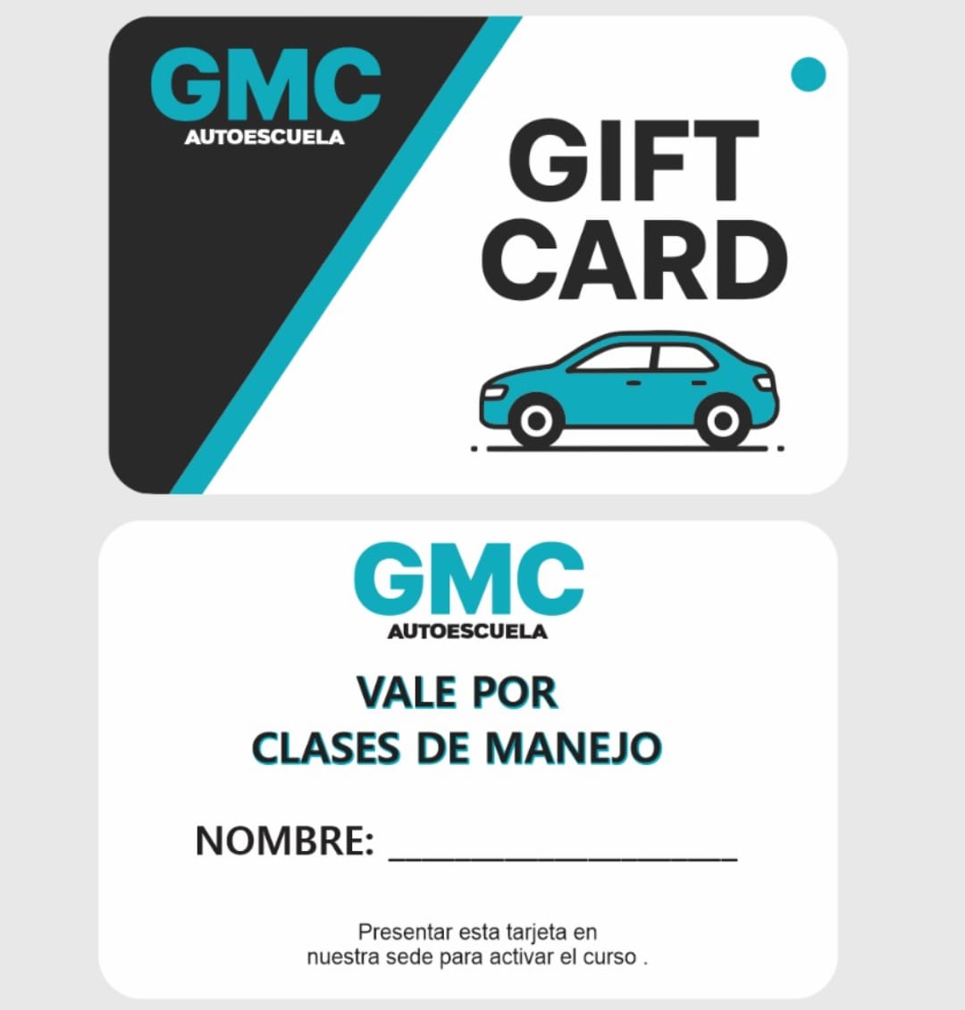 Tarjeta de regalo para clases de manejo de autoescuela, con diseño moderno.